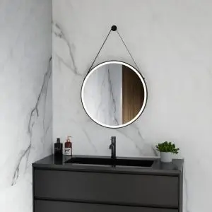 Ronde badkamerspiegel Tavi met ijzeren band mat zwart met verwarming, LED verlichting en touch sensor 60x60cm