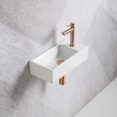 Fonteinset Mia 40.5x20x10.5cm glans wit rechts inclusief fontein kraan, sifon en afvoerplug mat rose goud