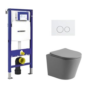 Toiletset Julio randloos mat grijs met bedieningspaneel flat mat wit RVS en Geberit Duofix WC-element (UP320)
