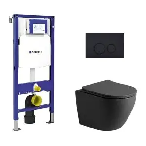 Toiletset Pietro randloos mat zwart met bedieningspaneel Ring mat zwart en Geberit Duofix WC-element (UP320)
