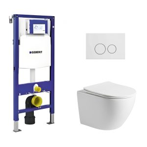Toiletset Pietro tornado flush glans wit met bedieningspaneel flat mat wit en Geberit Duofix WC-element (UP320)