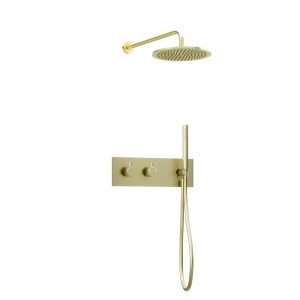 Inbouw regendouche met wandarm 25cm douchekop mat goud tweeknops bediening